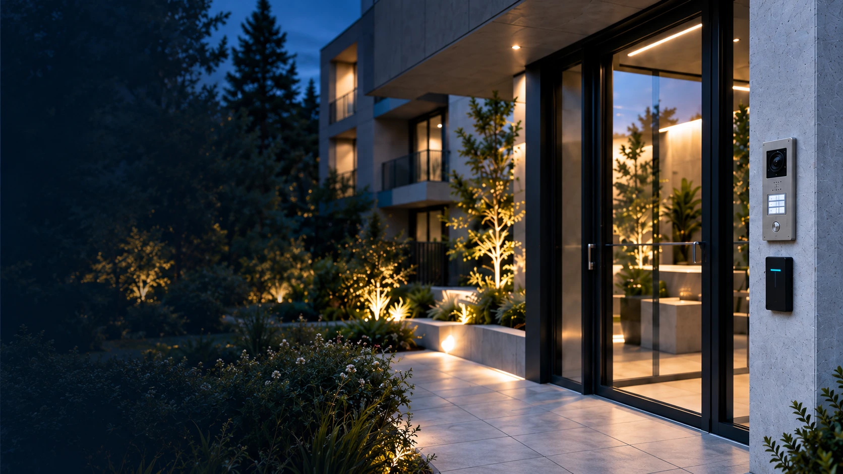 Illustration architecturale : entrée de bâtiment au crépuscule avec interphone et lecteur de badges.