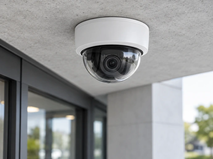 Illustration : caméra dôme de vidéoprotection sous un auvent.