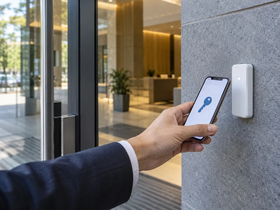 Illustration : smartphone utilisé devant un lecteur de contrôle d’accès blanc.