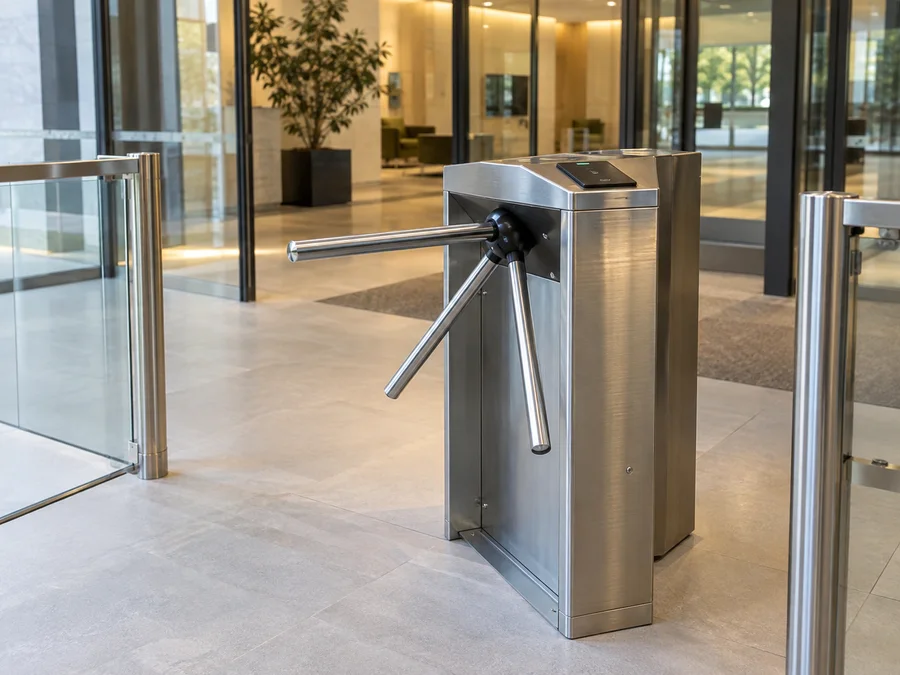 Illustration : tourniquet tripode dans une entrée de bâtiment.