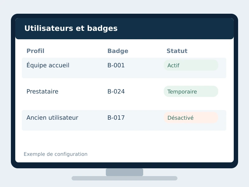 Exemple illustratif d’une interface de gestion des utilisateurs et badges.