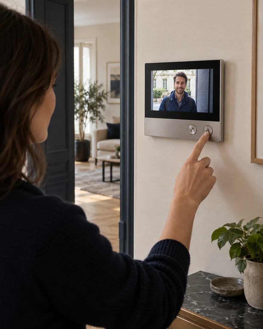 Illustration : une résidente répond à un visiteur depuis son moniteur intérieur.