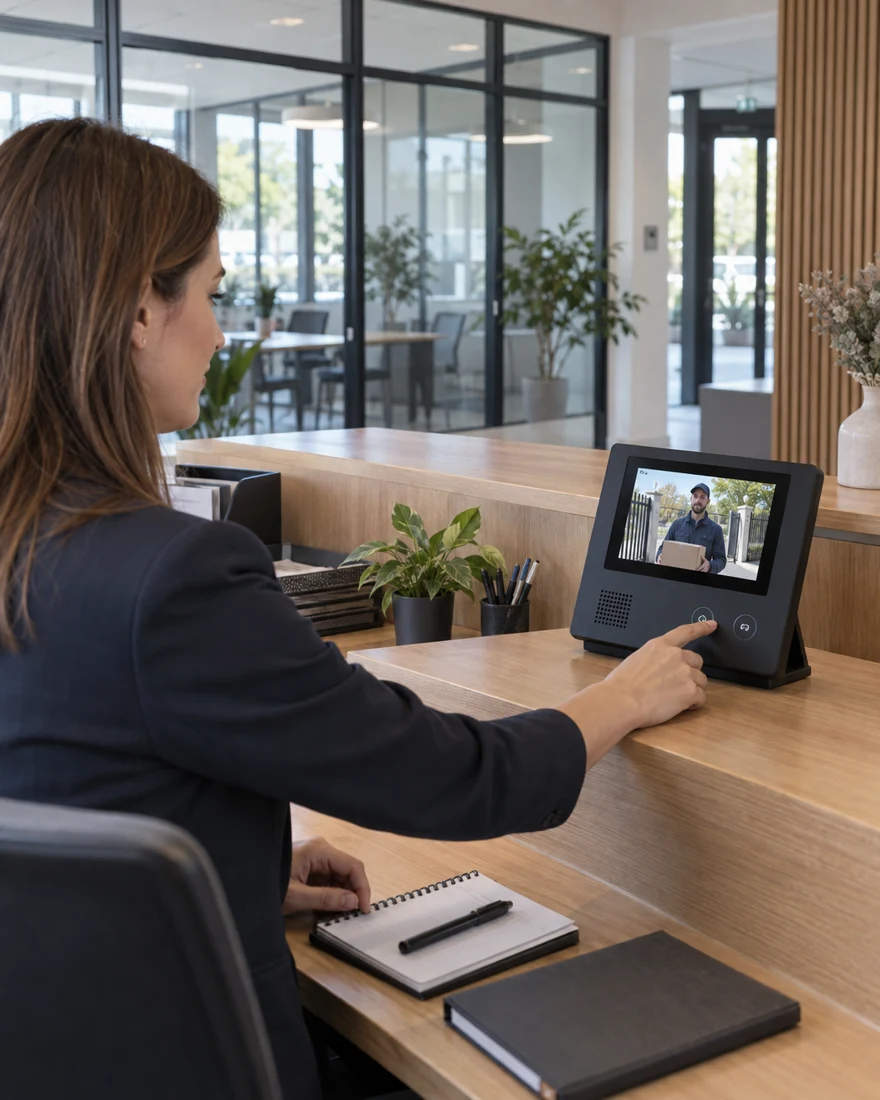 Illustration : réception d’un appel vidéo à l’accueil d’une entreprise.